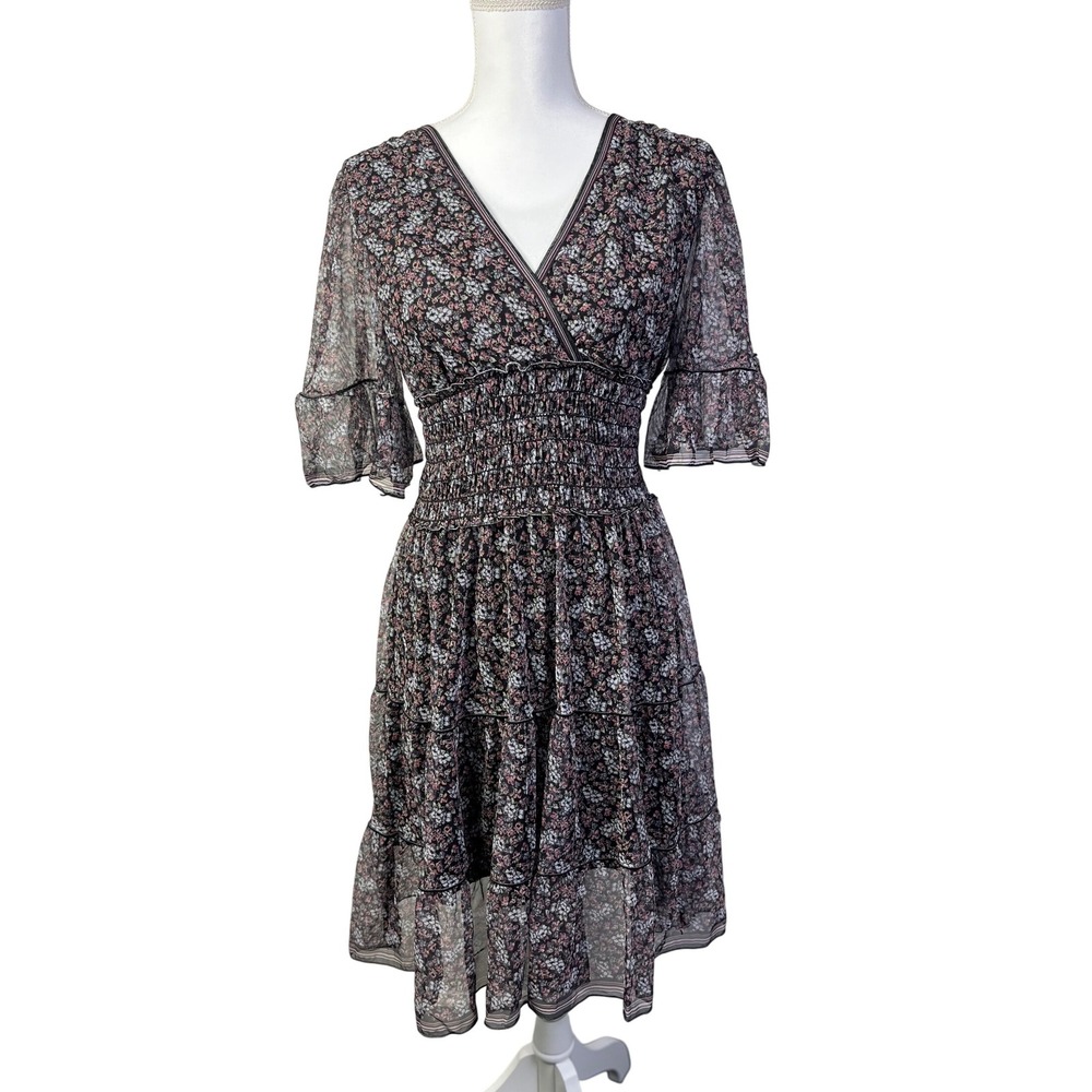 Max Studio Floral Fairycore Mini Dress Smocked Waist V Neck Tiered Ruffle Hem S